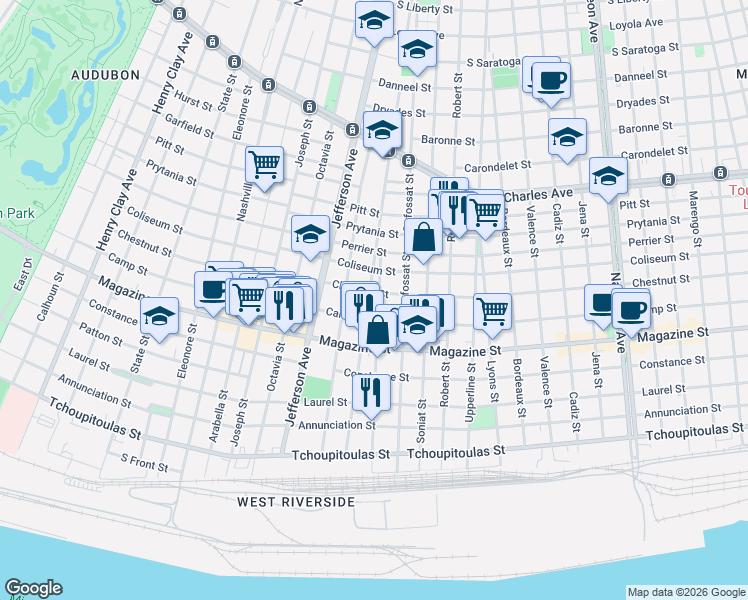 map of restaurants, bars, coffee shops, grocery stores, and more near 1031 Valmont Street in New Orleans