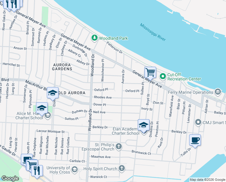 map of restaurants, bars, coffee shops, grocery stores, and more near 6061 Oxford Place in New Orleans