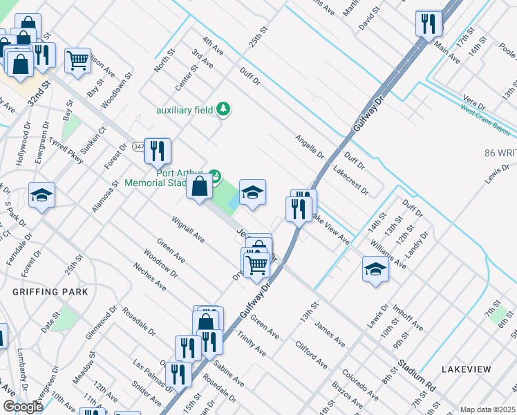 map of restaurants, bars, coffee shops, grocery stores, and more near 2200 Jefferson Drive in Port Arthur
