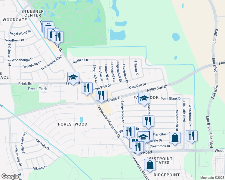 map of restaurants, bars, coffee shops, grocery stores, and more near 1330 Castolan Drive in Houston