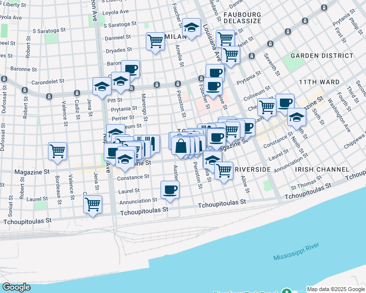 map of restaurants, bars, coffee shops, grocery stores, and more near 3826 Camp Street in New Orleans