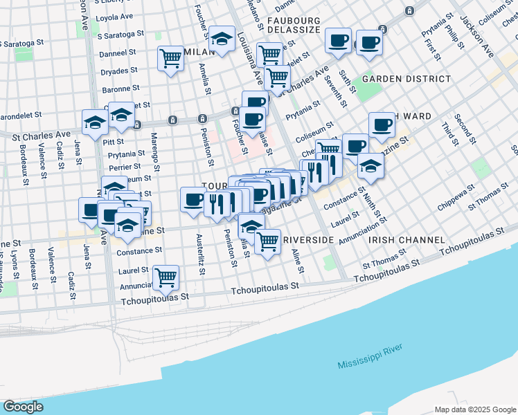 map of restaurants, bars, coffee shops, grocery stores, and more near 3530 Magazine Street in New Orleans