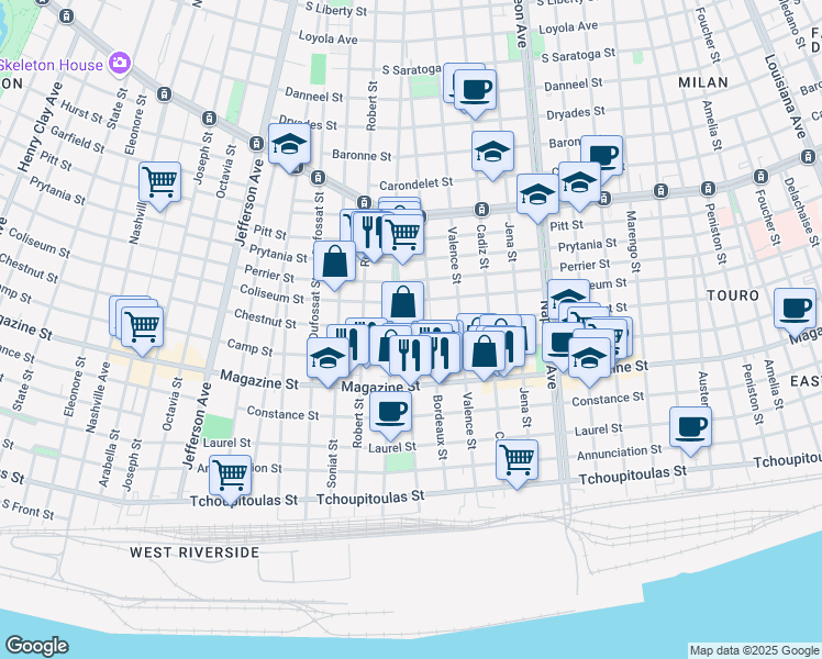 map of restaurants, bars, coffee shops, grocery stores, and more near 1022 Bordeaux Street in New Orleans