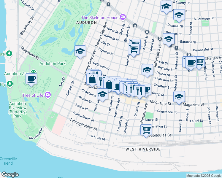 map of restaurants, bars, coffee shops, grocery stores, and more near 811 Eleonore Street in New Orleans