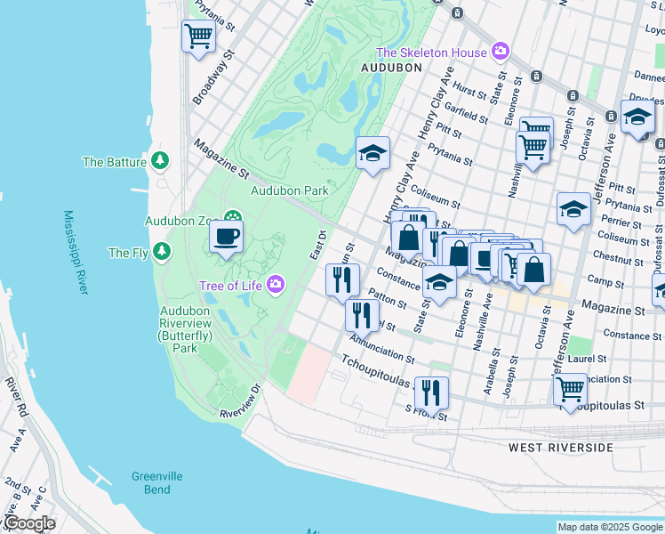 map of restaurants, bars, coffee shops, grocery stores, and more near 612 Henry Clay Avenue in New Orleans