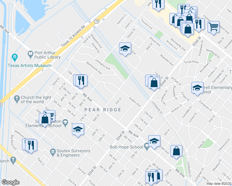 map of restaurants, bars, coffee shops, grocery stores, and more near 3904 36th Street in Port Arthur
