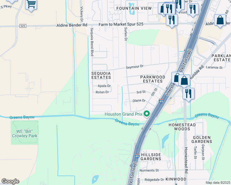 map of restaurants, bars, coffee shops, grocery stores, and more near 14023 Wilo Drive in Houston