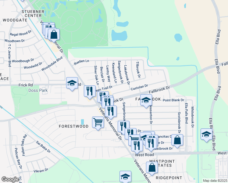 map of restaurants, bars, coffee shops, grocery stores, and more near 1330 Castolan Drive in Houston