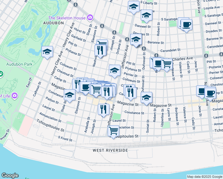 map of restaurants, bars, coffee shops, grocery stores, and more near 5427 Camp Street in New Orleans