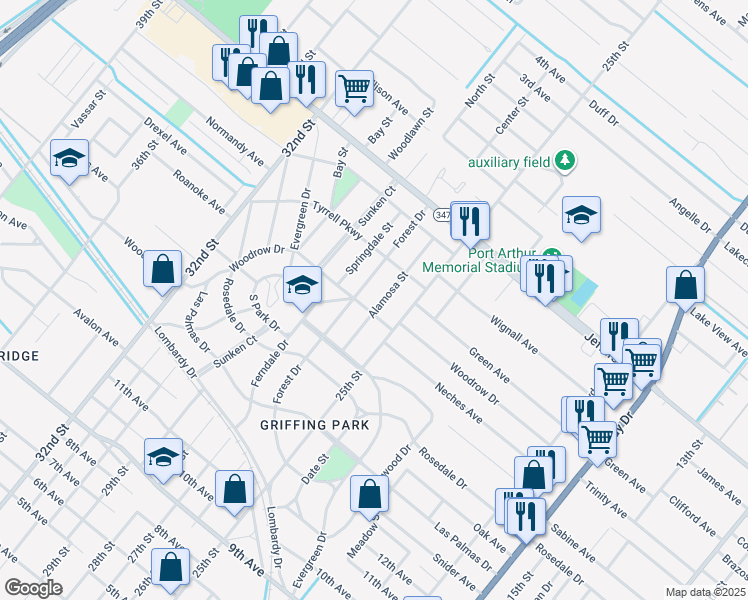 map of restaurants, bars, coffee shops, grocery stores, and more near 4446 Forest Drive in Port Arthur