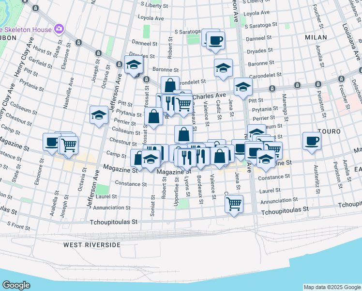 map of restaurants, bars, coffee shops, grocery stores, and more near 4849 Chestnut Street in New Orleans