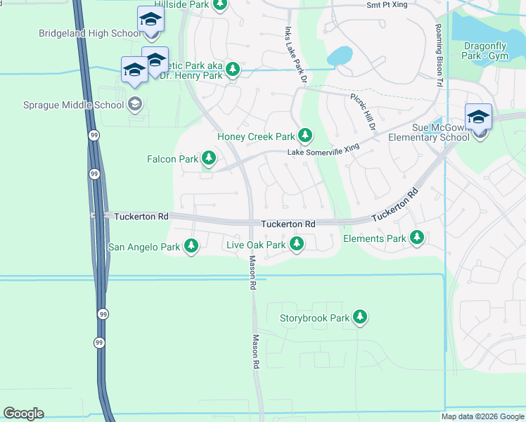 map of restaurants, bars, coffee shops, grocery stores, and more near 15107 Barbado Ridge Trail in Harris County