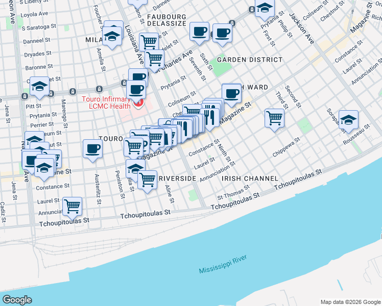 map of restaurants, bars, coffee shops, grocery stores, and more near in New Orleans