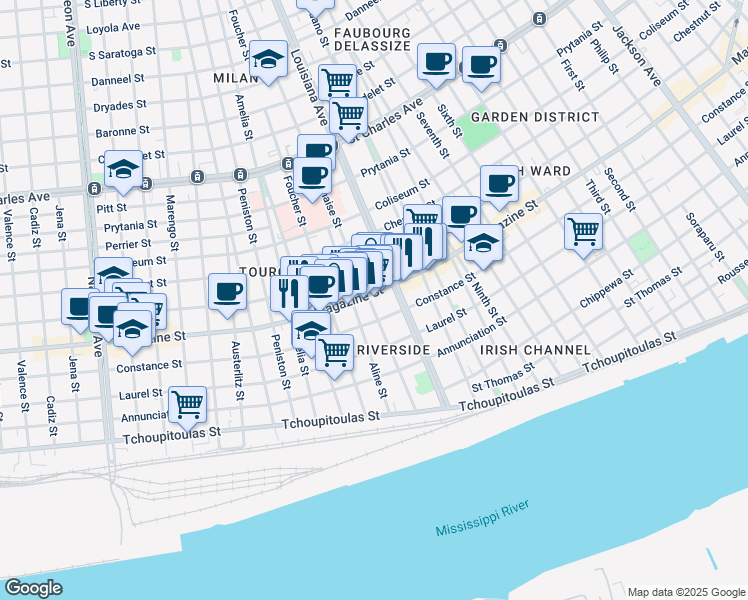 map of restaurants, bars, coffee shops, grocery stores, and more near in New Orleans