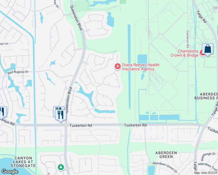 map of restaurants, bars, coffee shops, grocery stores, and more near 10110 Red Mesa Drive in Houston