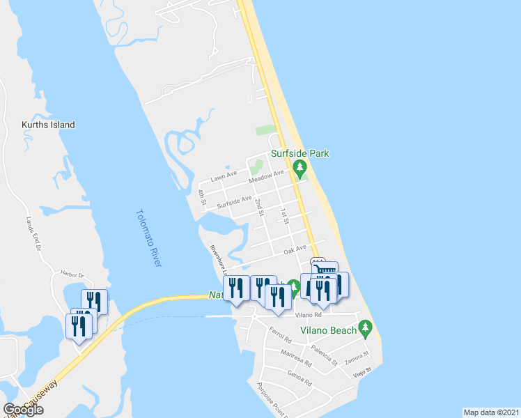 map of restaurants, bars, coffee shops, grocery stores, and more near 3029 2nd Street in Saint Augustine