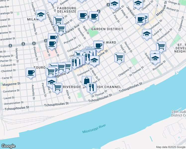 map of restaurants, bars, coffee shops, grocery stores, and more near 842 Harmony Street in New Orleans
