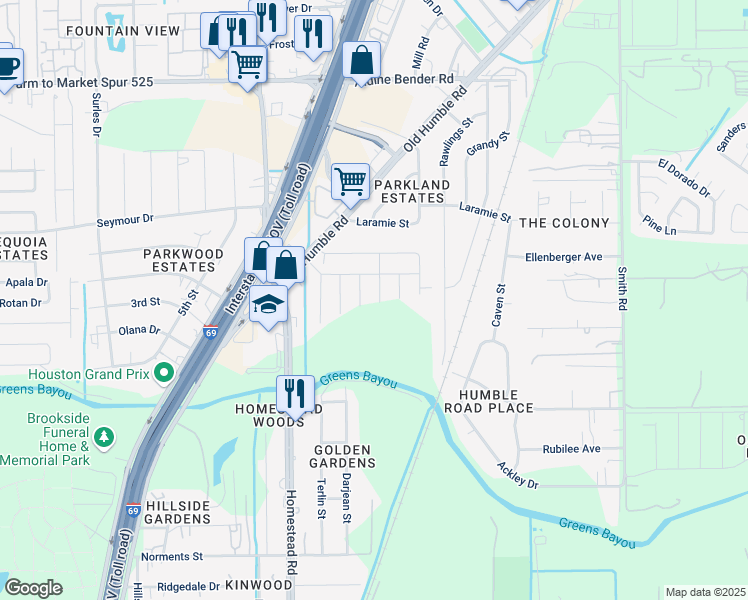 map of restaurants, bars, coffee shops, grocery stores, and more near 14003 Nueces Glen Drive in Humble