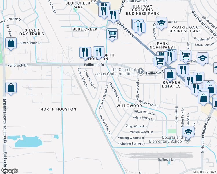 map of restaurants, bars, coffee shops, grocery stores, and more near 7827 Martin Wood Lane in Houston