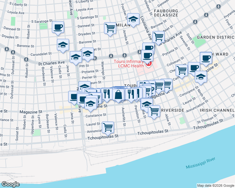 map of restaurants, bars, coffee shops, grocery stores, and more near 3926 Camp Street in New Orleans