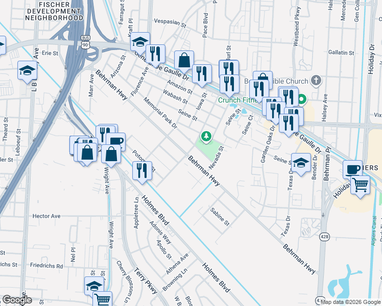 map of restaurants, bars, coffee shops, grocery stores, and more near 3003 Behrman Highway in New Orleans