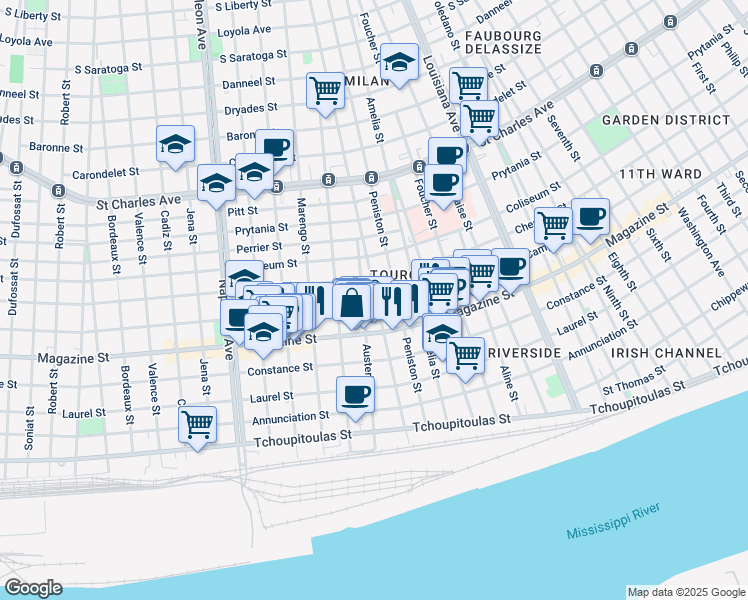 map of restaurants, bars, coffee shops, grocery stores, and more near 3926 Camp Street in New Orleans