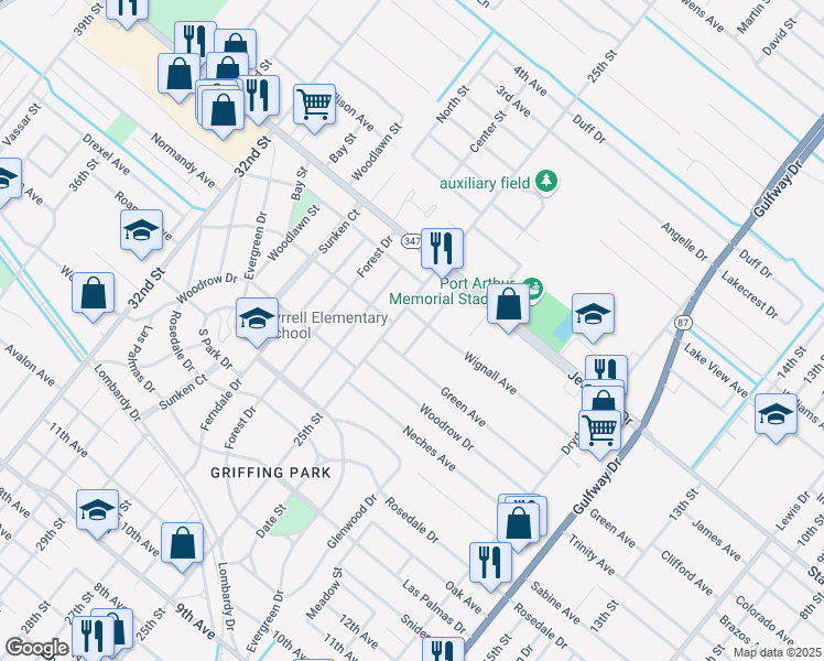 map of restaurants, bars, coffee shops, grocery stores, and more near 4534 Griffing Drive in Port Arthur