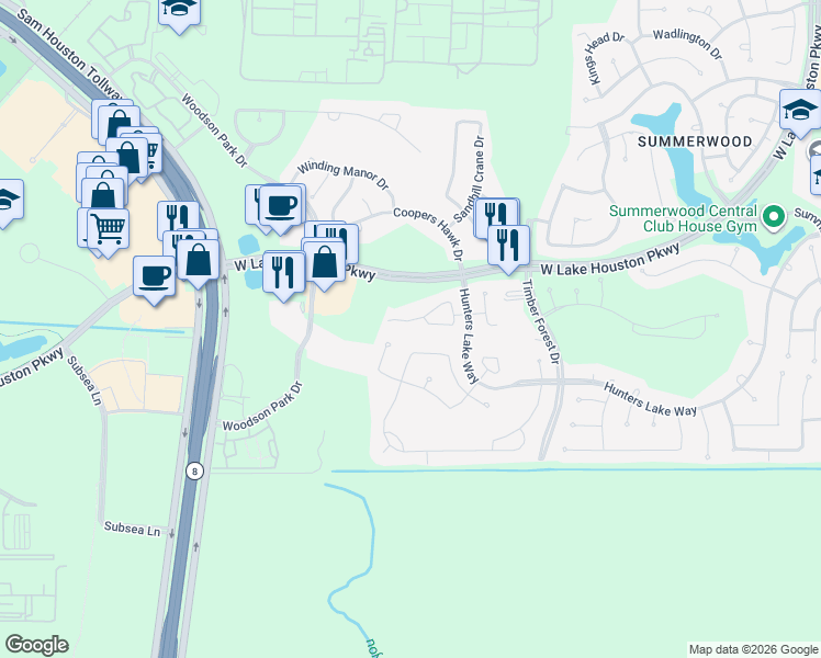 map of restaurants, bars, coffee shops, grocery stores, and more near 13015 Teaberry Hill in Houston