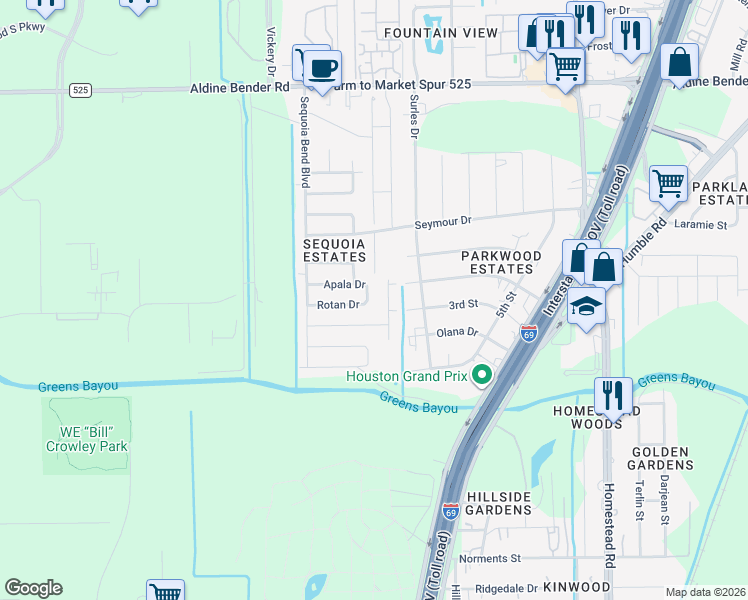 map of restaurants, bars, coffee shops, grocery stores, and more near 14023 Wilo Drive in Houston