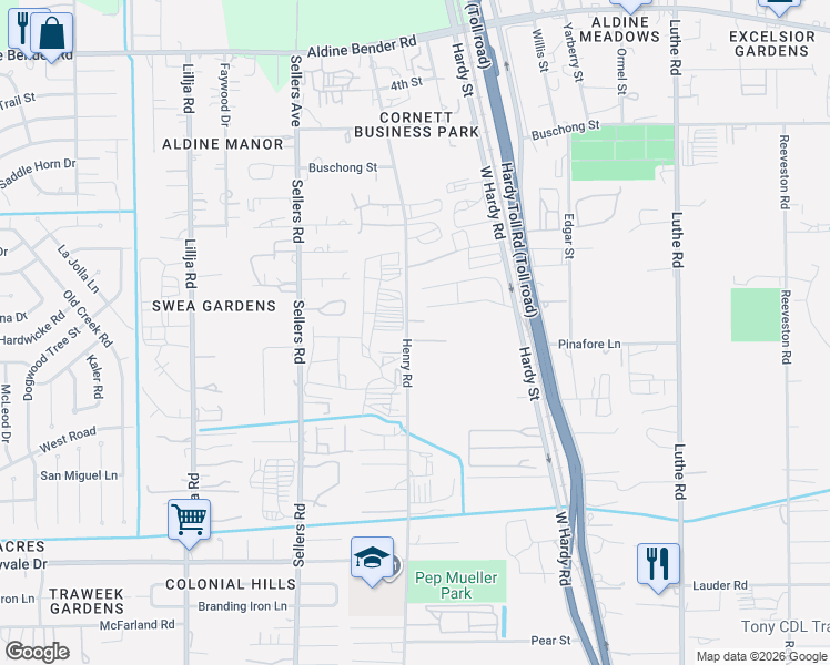 map of restaurants, bars, coffee shops, grocery stores, and more near 15202 Henry Road in Houston