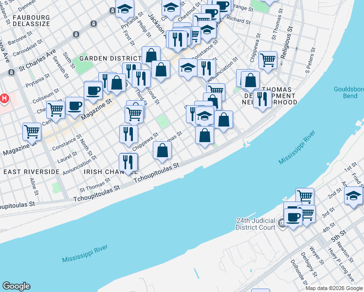 map of restaurants, bars, coffee shops, grocery stores, and more near 405 Third Street in New Orleans