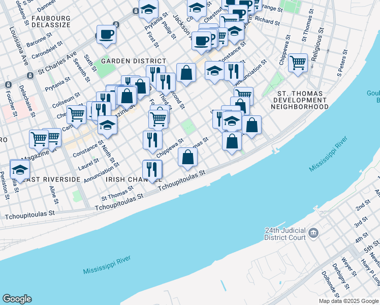 map of restaurants, bars, coffee shops, grocery stores, and more near 513 Fourth Street in New Orleans