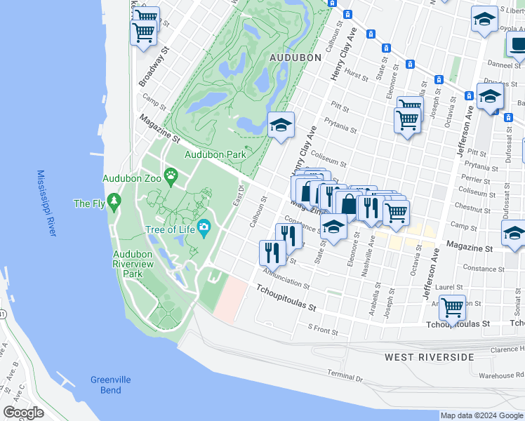 map of restaurants, bars, coffee shops, grocery stores, and more near 612 Henry Clay Avenue in New Orleans