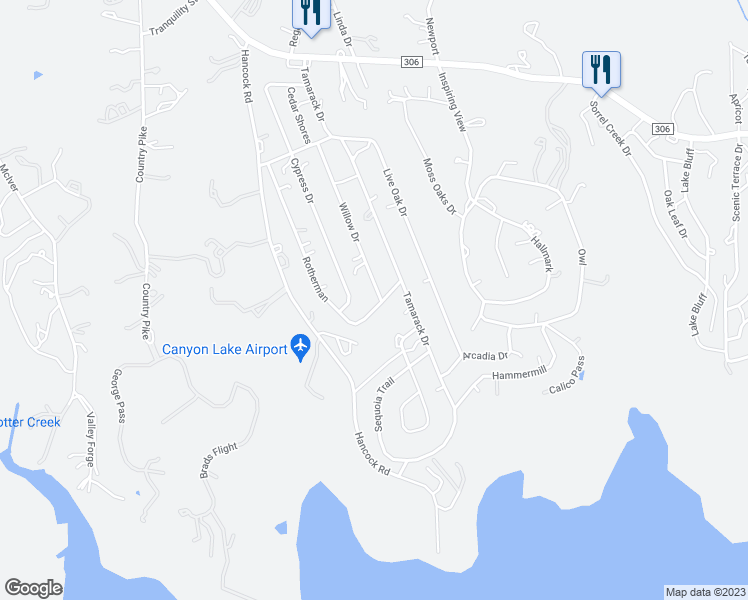 map of restaurants, bars, coffee shops, grocery stores, and more near 1494 Willow Drive in Canyon Lake