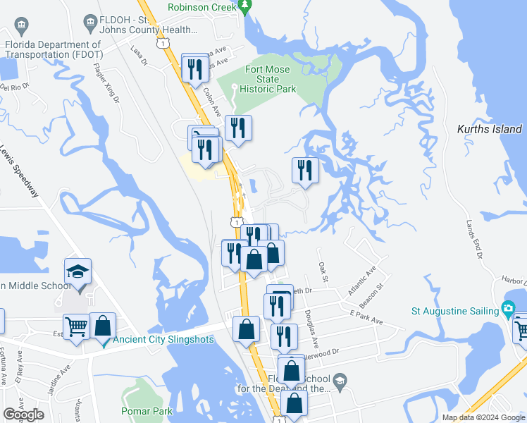 map of restaurants, bars, coffee shops, grocery stores, and more near 2003 Mariposa Vista Lane in St. Augustine