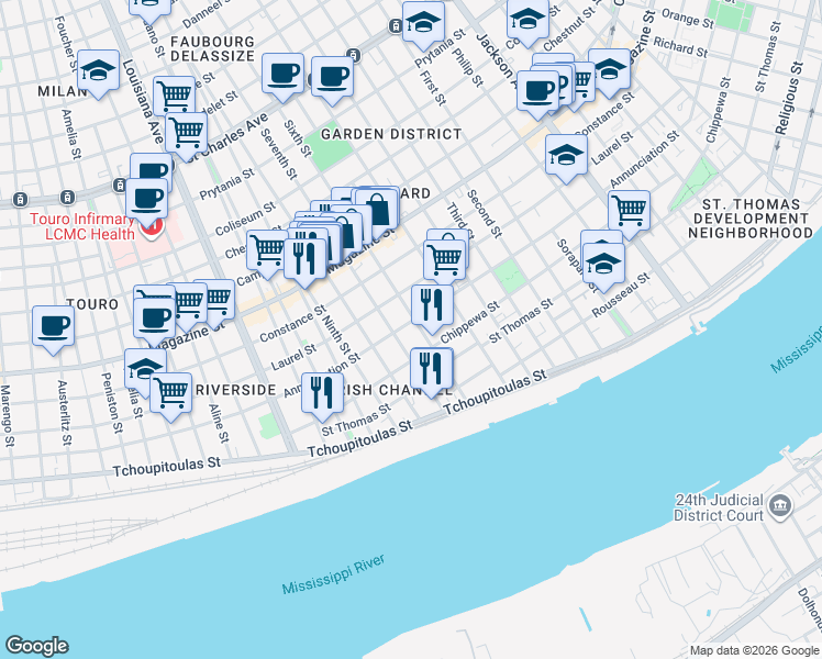 map of restaurants, bars, coffee shops, grocery stores, and more near 724 Seventh Street in New Orleans