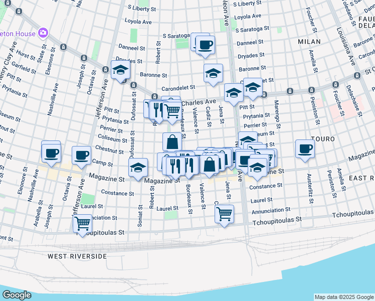map of restaurants, bars, coffee shops, grocery stores, and more near 1022 Bordeaux Street in New Orleans