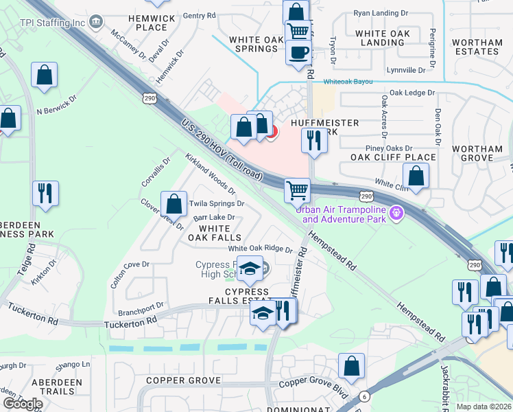 map of restaurants, bars, coffee shops, grocery stores, and more near 10042 Rain Cloud Drive in Houston