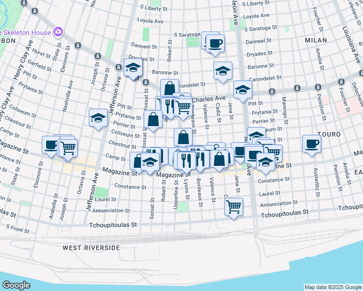 map of restaurants, bars, coffee shops, grocery stores, and more near 4849 Chestnut Street in New Orleans
