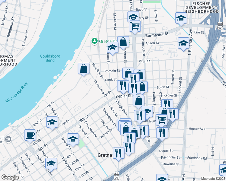map of restaurants, bars, coffee shops, grocery stores, and more near 3 5th Street in Gretna