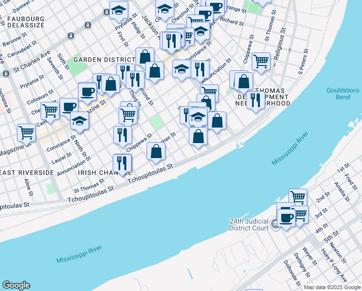 map of restaurants, bars, coffee shops, grocery stores, and more near 405 Third Street in New Orleans