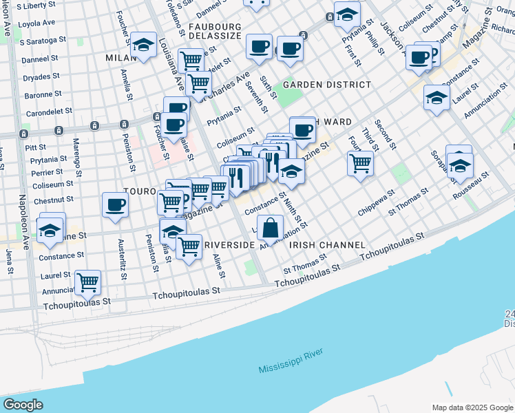 map of restaurants, bars, coffee shops, grocery stores, and more near 919 Toledano Street in New Orleans
