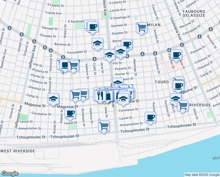 map of restaurants, bars, coffee shops, grocery stores, and more near 1002 Napoleon Avenue in New Orleans