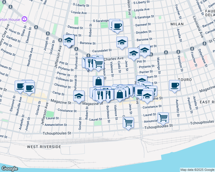 map of restaurants, bars, coffee shops, grocery stores, and more near 1022 Bordeaux Street in New Orleans