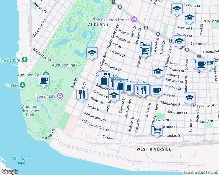map of restaurants, bars, coffee shops, grocery stores, and more near 731 State Street in New Orleans