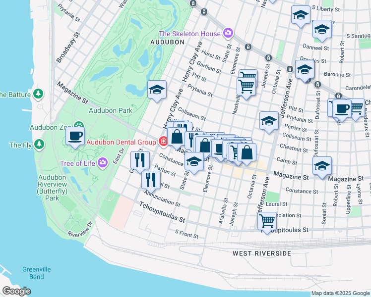map of restaurants, bars, coffee shops, grocery stores, and more near 731 State Street in New Orleans