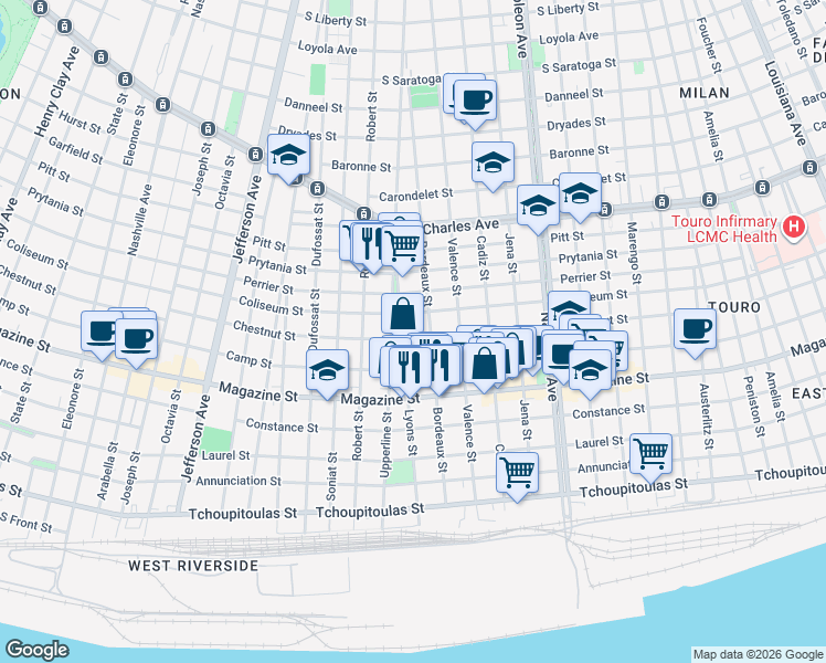 map of restaurants, bars, coffee shops, grocery stores, and more near 1022 Bordeaux Street in New Orleans