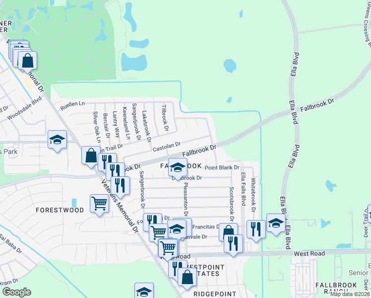 map of restaurants, bars, coffee shops, grocery stores, and more near 1027 Fallbrook Drive in Houston
