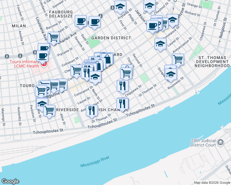 map of restaurants, bars, coffee shops, grocery stores, and more near 724 Seventh Street in New Orleans