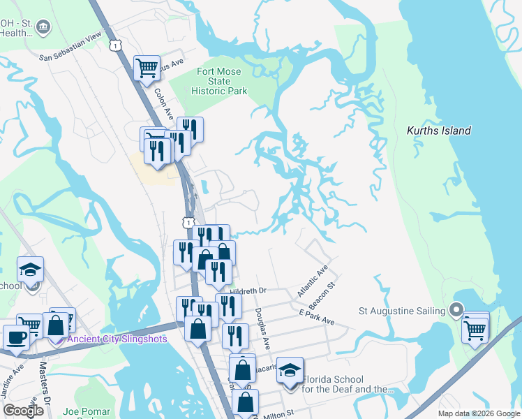 map of restaurants, bars, coffee shops, grocery stores, and more near 1070 Bella Vista Boulevard in St. Augustine